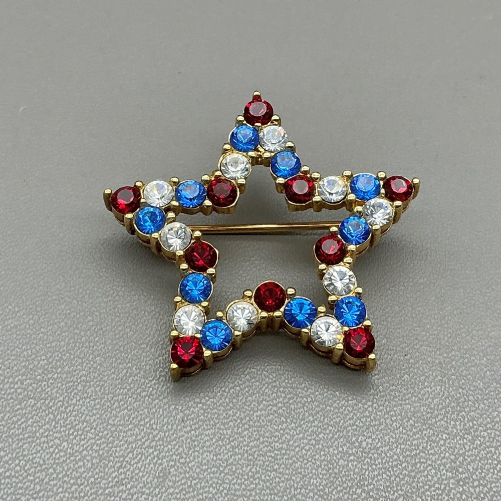 Joan Rivers Star Pin Brooch Women Red White Blue Rhinestone Patriotic Gold Tone